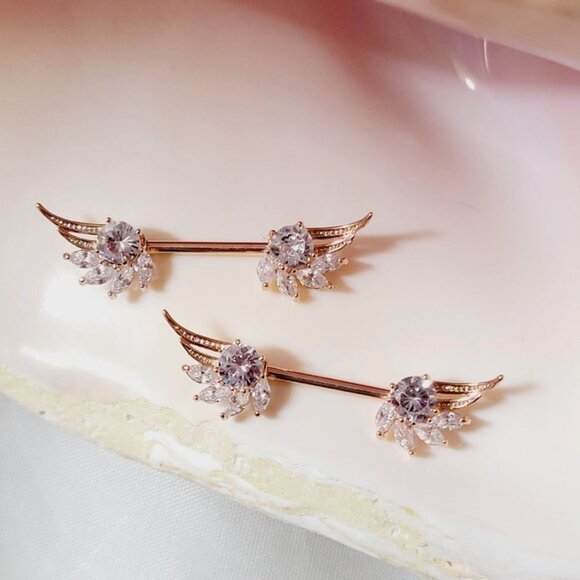 Pair of 14G wing ends nipple bars rose gold plated stainless steel - Picture 1 of 2